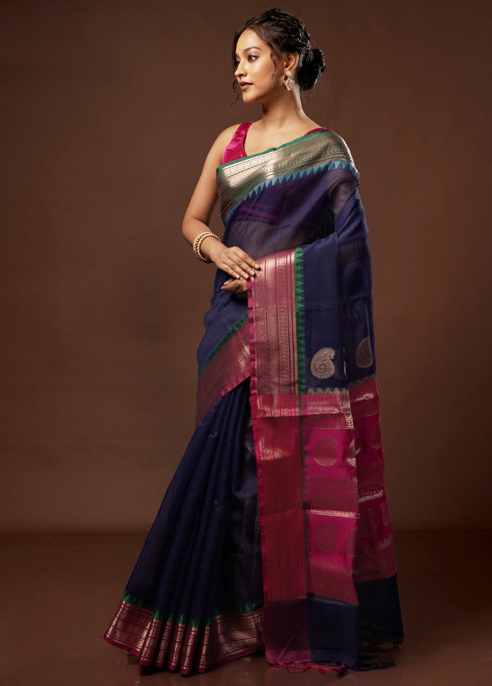 Blue Kora Silk Saree With Blouse Piece - Indian Silk House Agencies