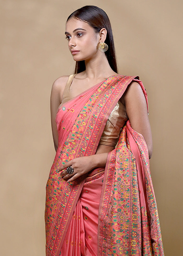 Peach Dupion Silk Saree With Blouse Piece