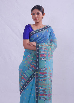 Blue Tant Cotton Saree Without Blouse Piece - Indian Silk House Agencies