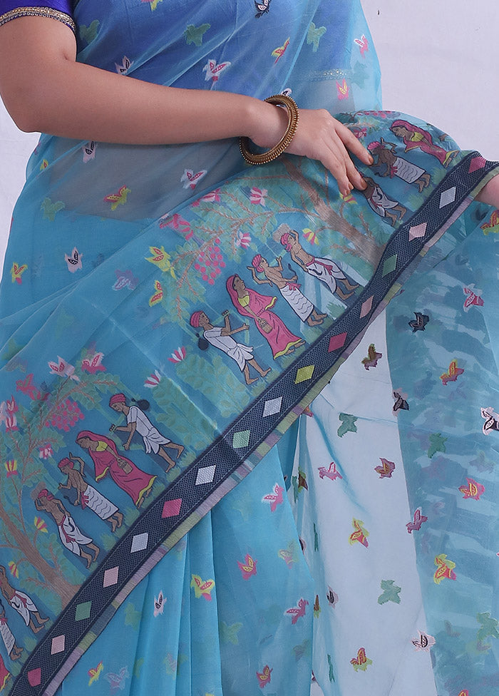 Blue Tant Cotton Saree Without Blouse Piece - Indian Silk House Agencies