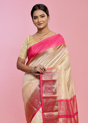 Cream Kanjivaram Pure Silk Saree With Blouse Piece - Indian Silk House Agencies