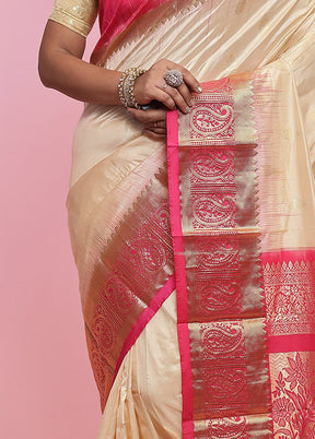 Cream Kanjivaram Pure Silk Saree With Blouse Piece - Indian Silk House Agencies