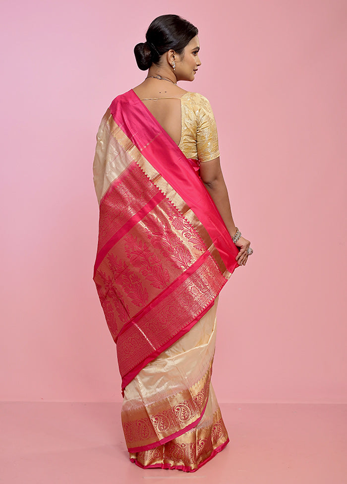 Cream Kanjivaram Pure Silk Saree With Blouse Piece - Indian Silk House Agencies