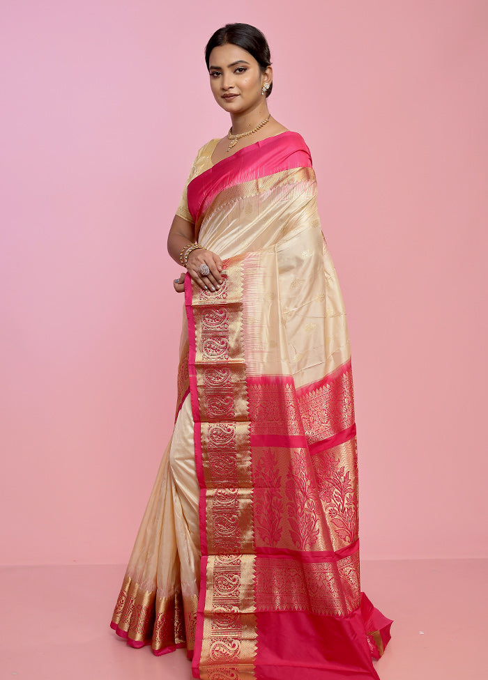 Cream Kanjivaram Pure Silk Saree With Blouse Piece - Indian Silk House Agencies