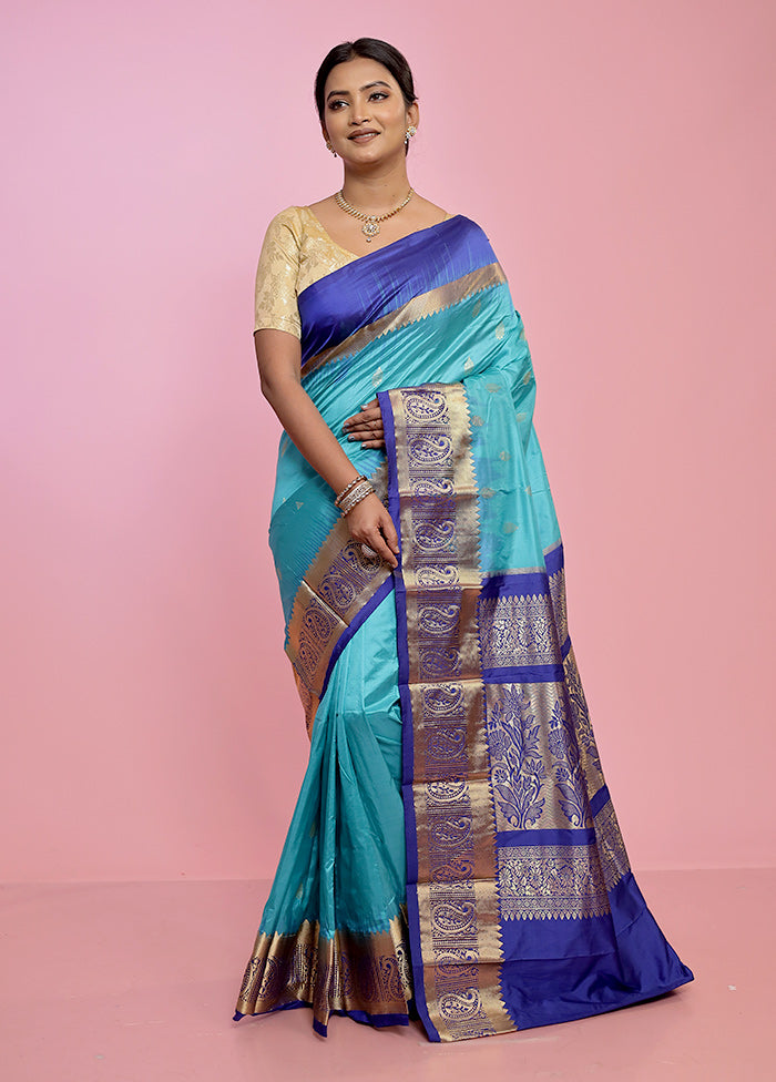 Blue Kanjivaram Pure Silk Saree With Blouse Piece - Indian Silk House Agencies