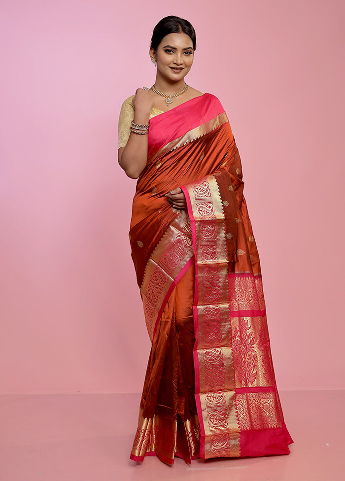 Brown Kanjivaram Pure Silk Saree With Blouse Piece - Indian Silk House Agencies