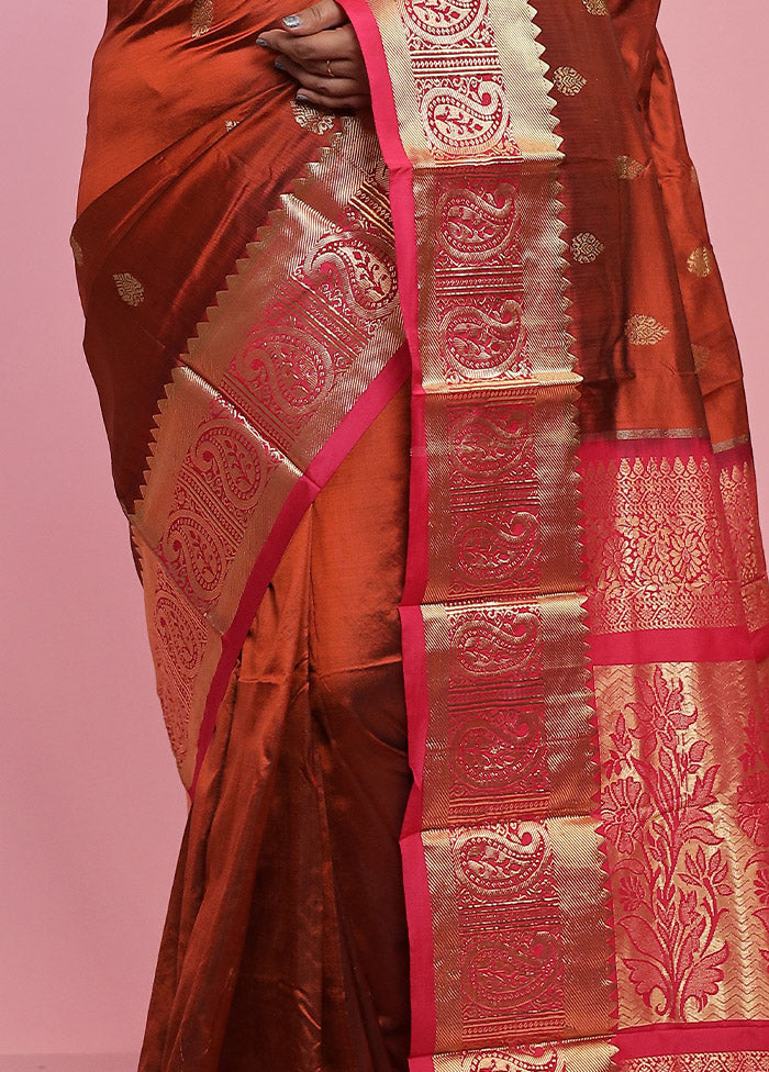 Brown Kanjivaram Pure Silk Saree With Blouse Piece - Indian Silk House Agencies