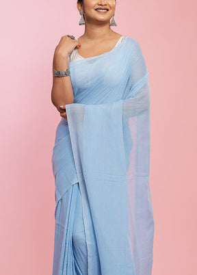 Blue Mul Cotton Saree Without Blouse Piece - Indian Silk House Agencies