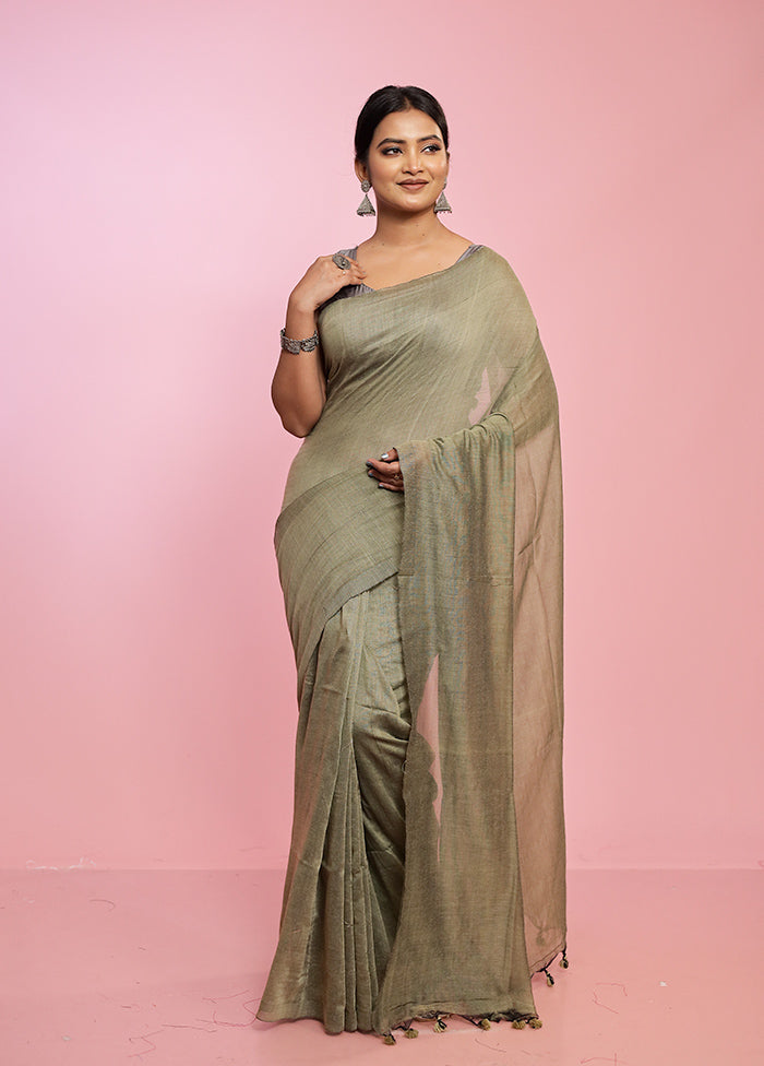 Green Mul Cotton Saree Without Blouse Piece - Indian Silk House Agencies