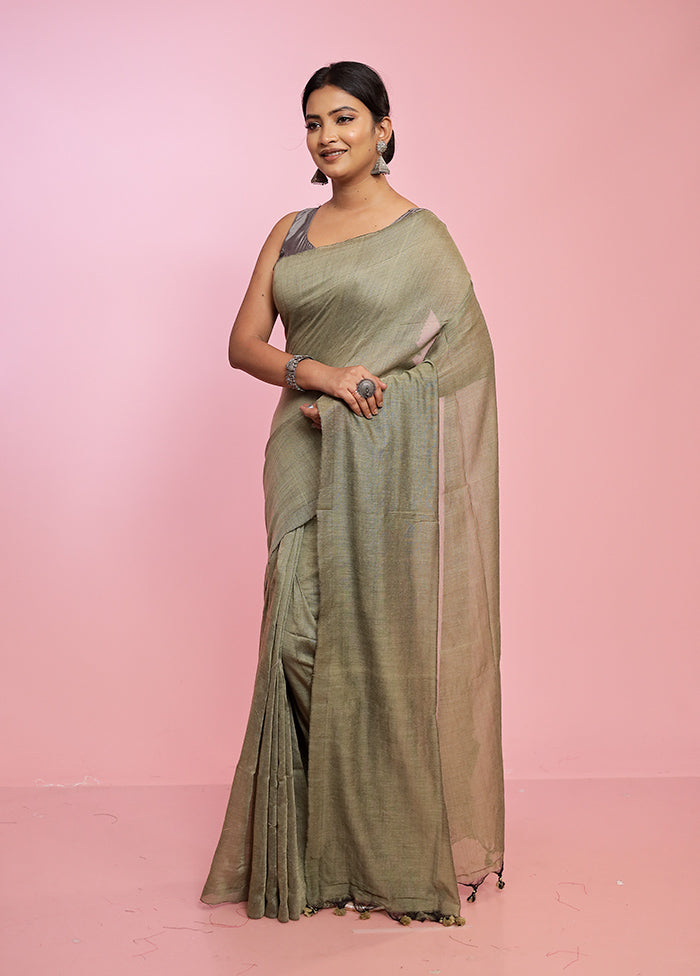 Green Mul Cotton Saree Without Blouse Piece - Indian Silk House Agencies