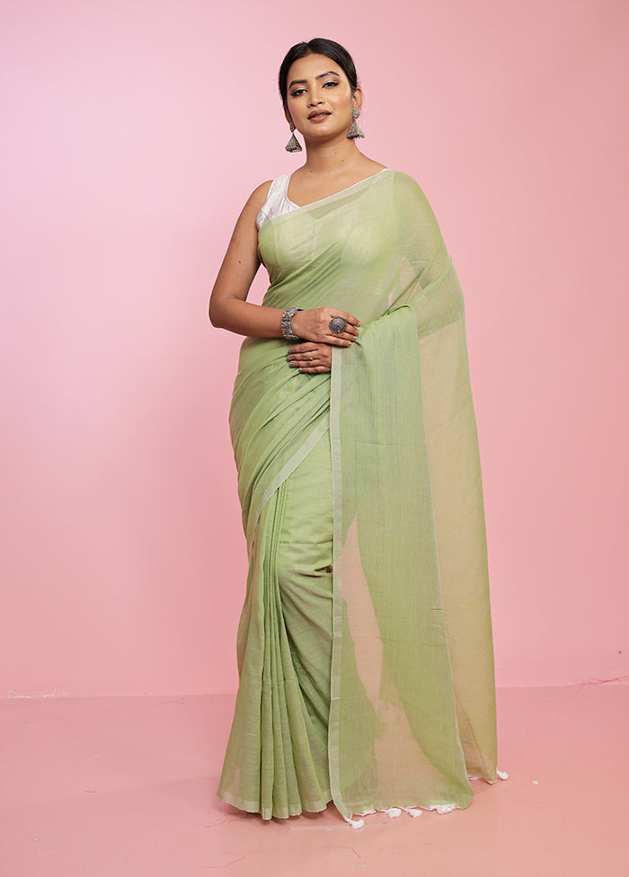 Green Mul Cotton Saree Without Blouse Piece - Indian Silk House Agencies