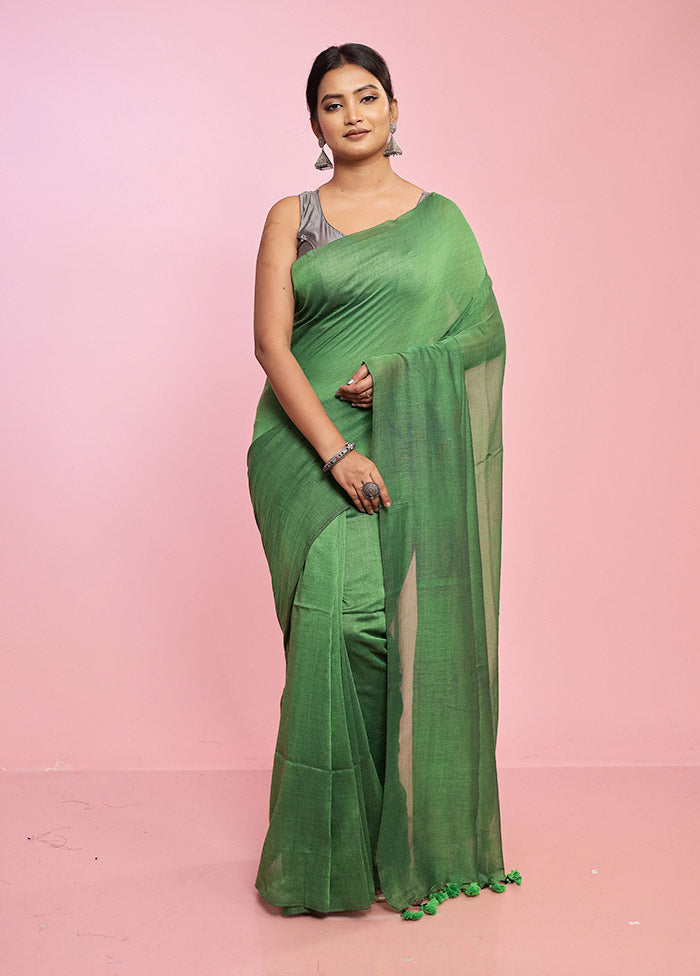 Green Mul Cotton Saree Without Blouse Piece - Indian Silk House Agencies