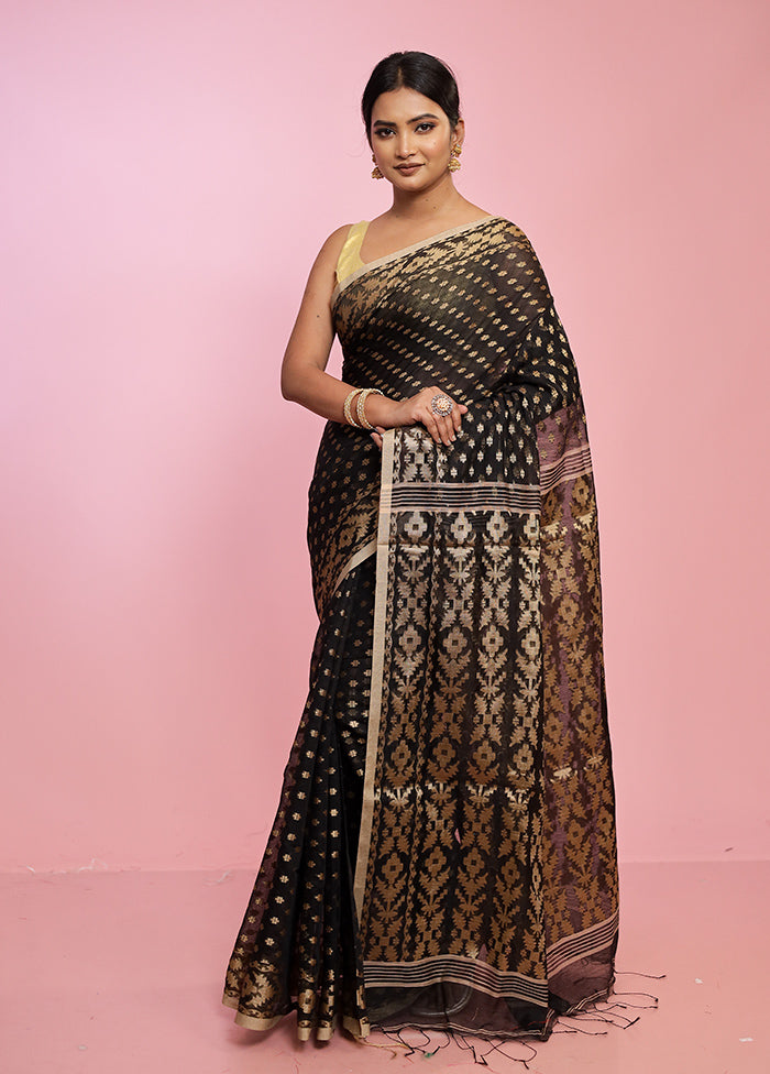 Black Resham Jamdani Silk Saree With Blouse Piece - Indian Silk House Agencies