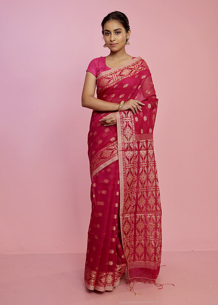 Pink Jamdani Woven Cotton Saree Without Blouse Piece - Indian Silk House Agencies