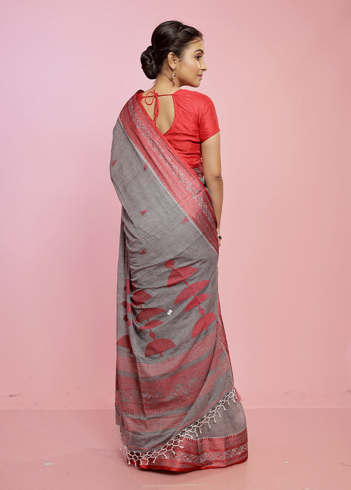 Grey Pure Khadi Cotton Saree Without Blouse Piece - Indian Silk House Agencies