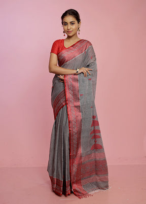 Grey Pure Khadi Cotton Saree Without Blouse Piece - Indian Silk House Agencies