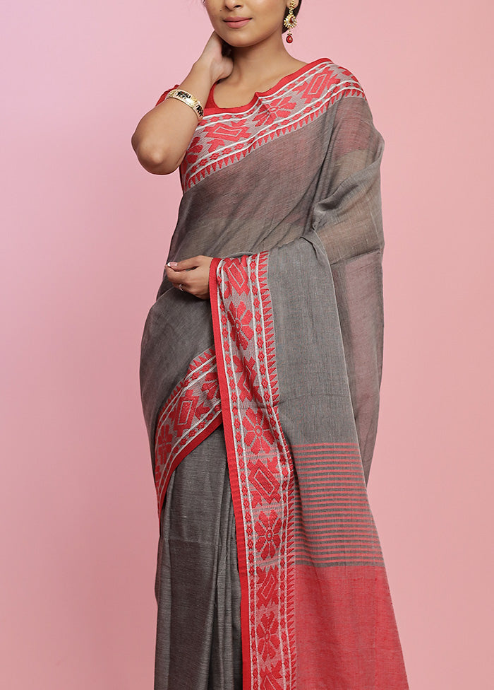 Grey Pure Khadi Cotton Saree Without Blouse Piece - Indian Silk House Agencies