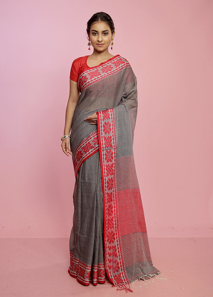 Grey Pure Khadi Cotton Saree Without Blouse Piece - Indian Silk House Agencies