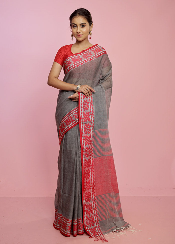 Grey Pure Khadi Cotton Saree Without Blouse Piece - Indian Silk House Agencies