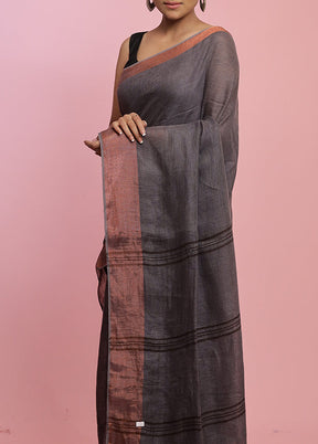Grey Solid Linen Silk Saree With Blouse Piece