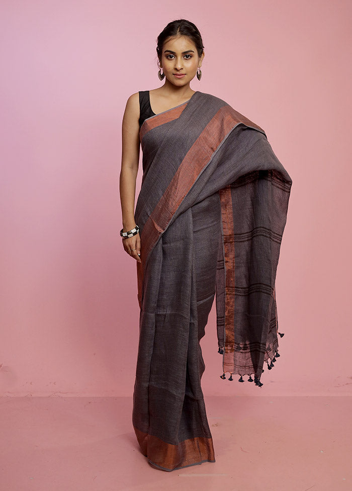 Grey Solid Linen Silk Saree With Blouse Piece
