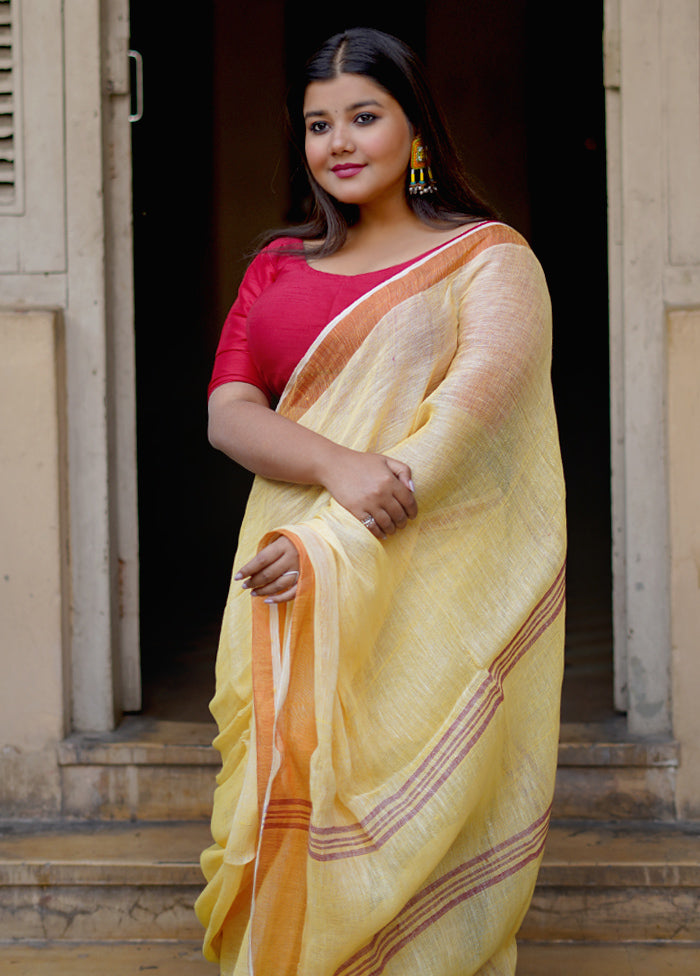 Yellow Linen Silk Saree With Blouse Piece - Indian Silk House Agencies