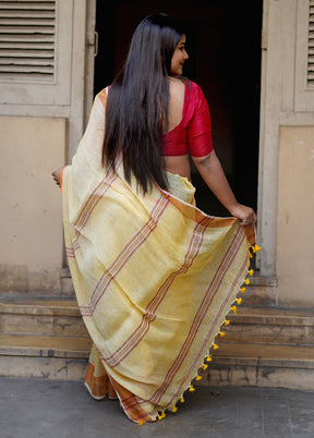 Yellow Linen Silk Saree With Blouse Piece - Indian Silk House Agencies