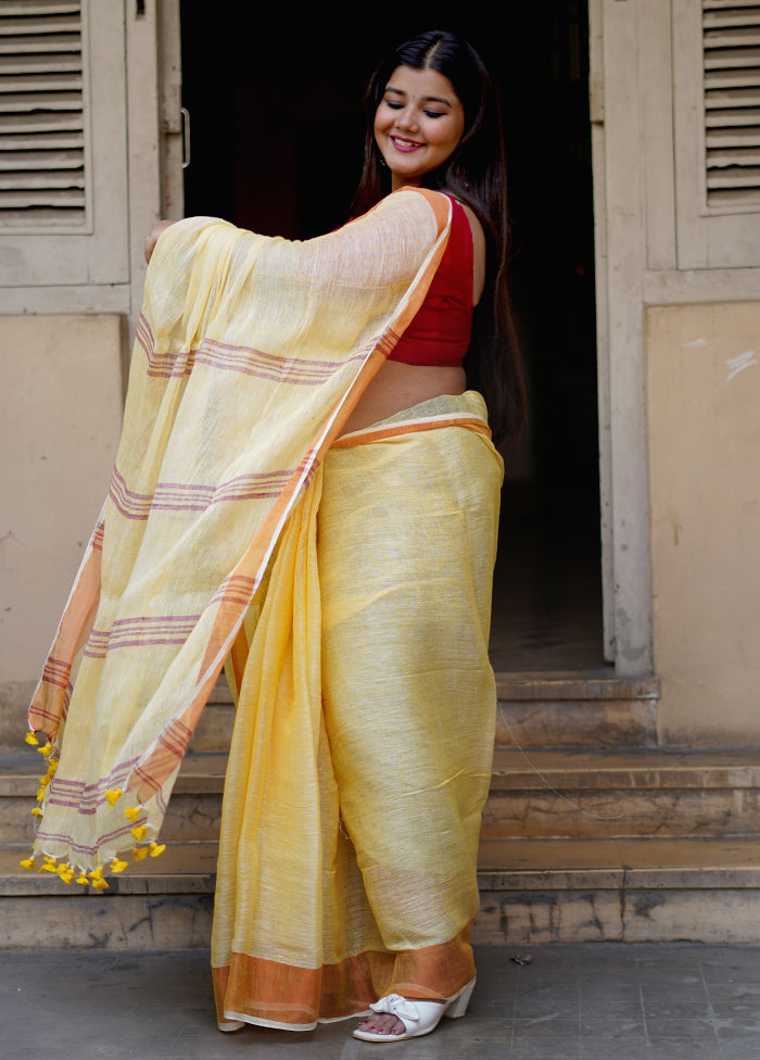 Yellow Linen Silk Saree With Blouse Piece - Indian Silk House Agencies