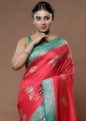 Red Dupion Silk Saree With Blouse Piece - Indian Silk House Agencies