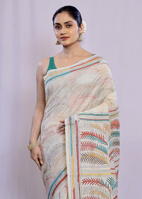 Cream Kantha Stitch Silk Saree With Blouse Piece - Indian Silk House Agencies