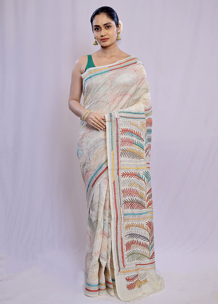 Cream Kantha Stitch Silk Saree With Blouse Piece - Indian Silk House Agencies