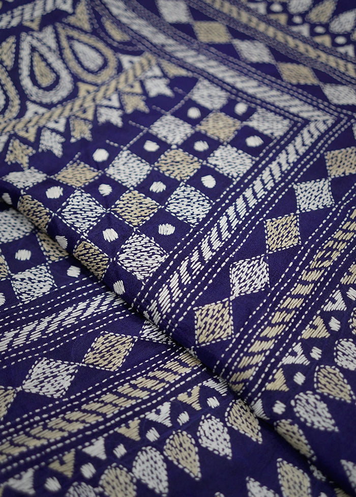 Blue Kantha Stitch Pure Silk Saree With Blouse Piece - Indian Silk House Agencies