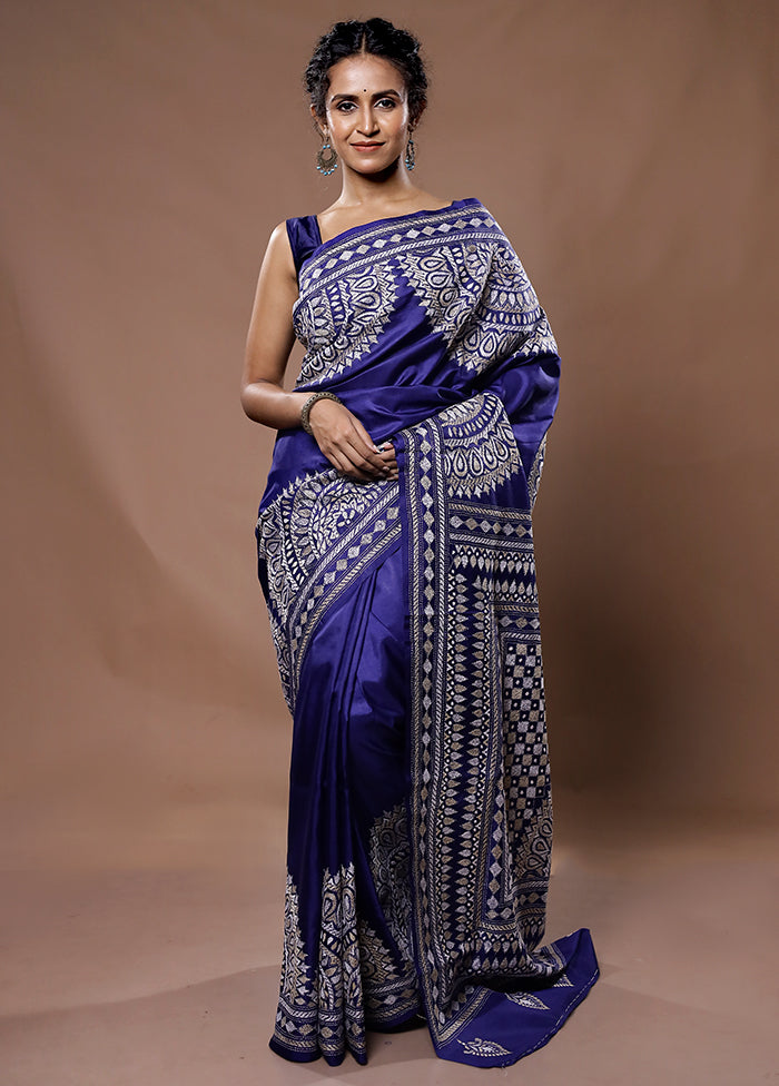 Blue Kantha Stitch Pure Silk Saree With Blouse Piece - Indian Silk House Agencies