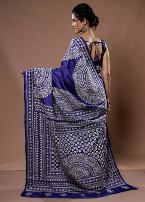 Blue Kantha Stitch Pure Silk Saree With Blouse Piece - Indian Silk House Agencies