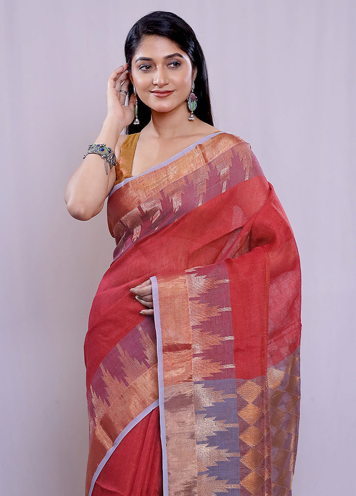 Red Linen Silk Saree With Blouse Piece - Indian Silk House Agencies