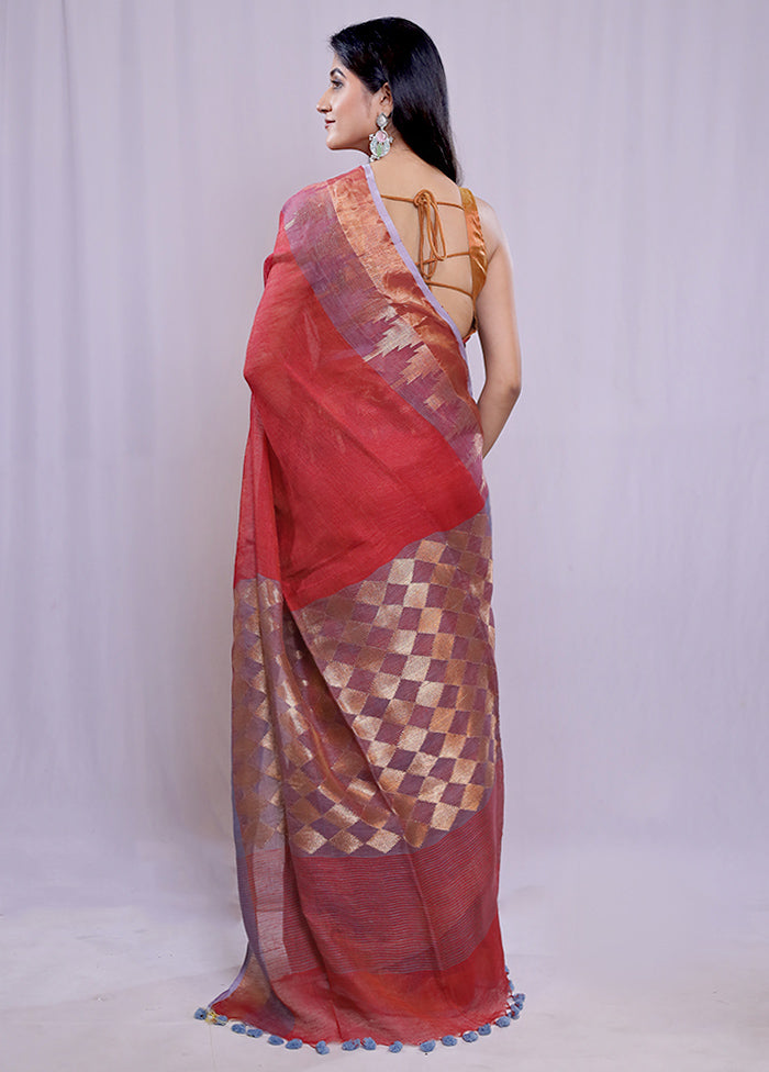 Red Linen Silk Saree With Blouse Piece - Indian Silk House Agencies