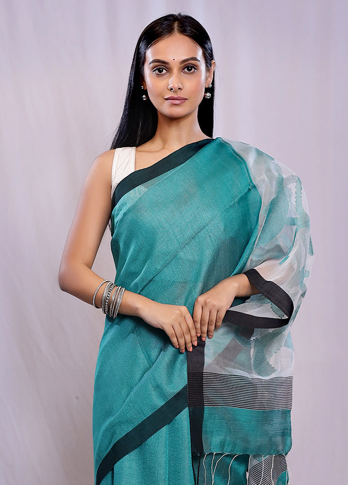 Green Linen Silk Saree With Blouse Piece - Indian Silk House Agencies