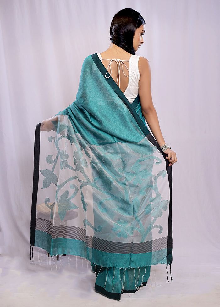 Green Linen Silk Saree With Blouse Piece - Indian Silk House Agencies