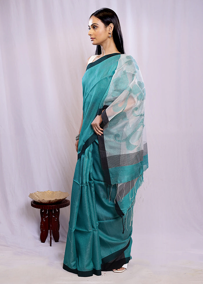 Green Linen Silk Saree With Blouse Piece - Indian Silk House Agencies