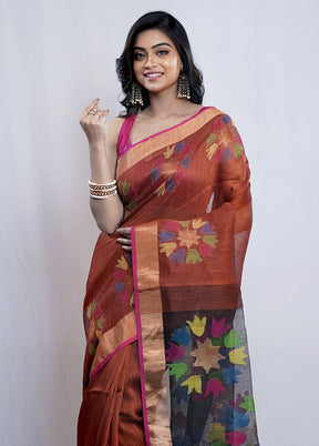 Rust Linen Silk Saree With Blouse Piece - Indian Silk House Agencies