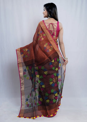 Rust Linen Silk Saree With Blouse Piece - Indian Silk House Agencies