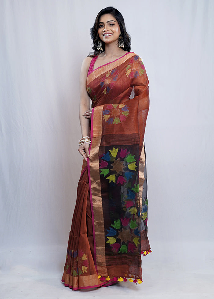 Rust Linen Silk Saree With Blouse Piece - Indian Silk House Agencies