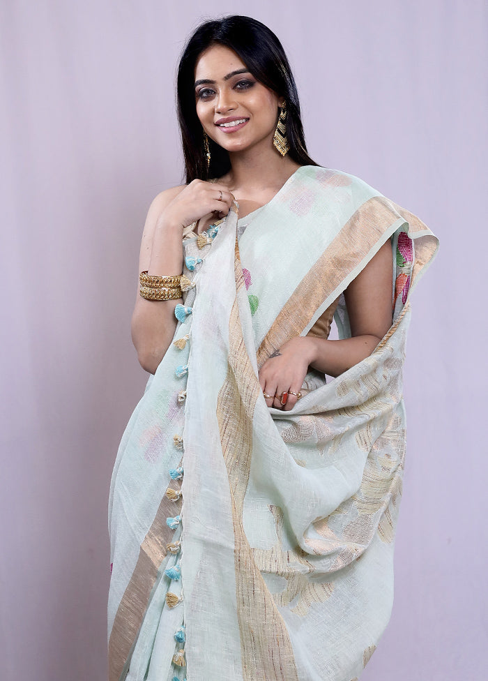 Green Linen Silk Saree With Blouse Piece - Indian Silk House Agencies