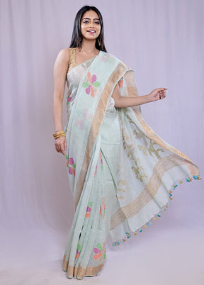 Green Linen Silk Saree With Blouse Piece - Indian Silk House Agencies