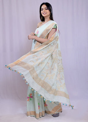 Green Linen Silk Saree With Blouse Piece - Indian Silk House Agencies