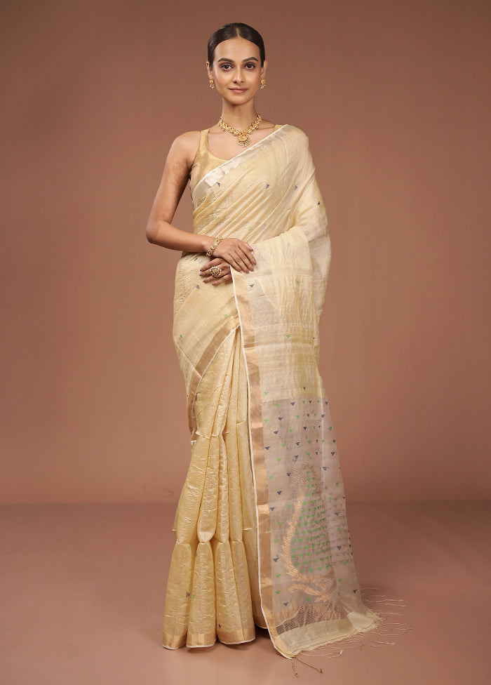 Cream Handloom Matka Pure Silk Saree With Blouse Piece