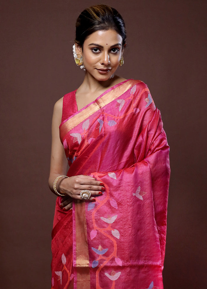 Pink Tussar Pure Silk Saree With Blouse Piece - Indian Silk House Agencies