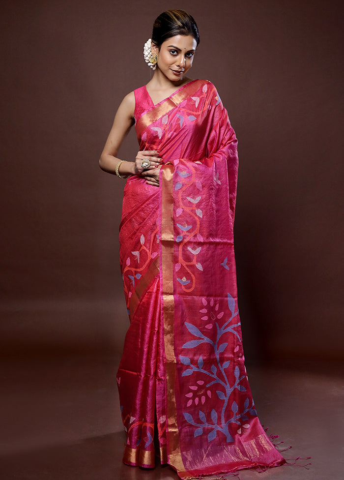 Pink Tussar Pure Silk Saree With Blouse Piece - Indian Silk House Agencies