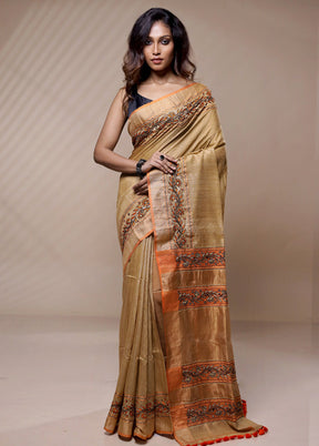 Cream Matka Pure Silk Saree Without Blouse Piece - Indian Silk House Agencies