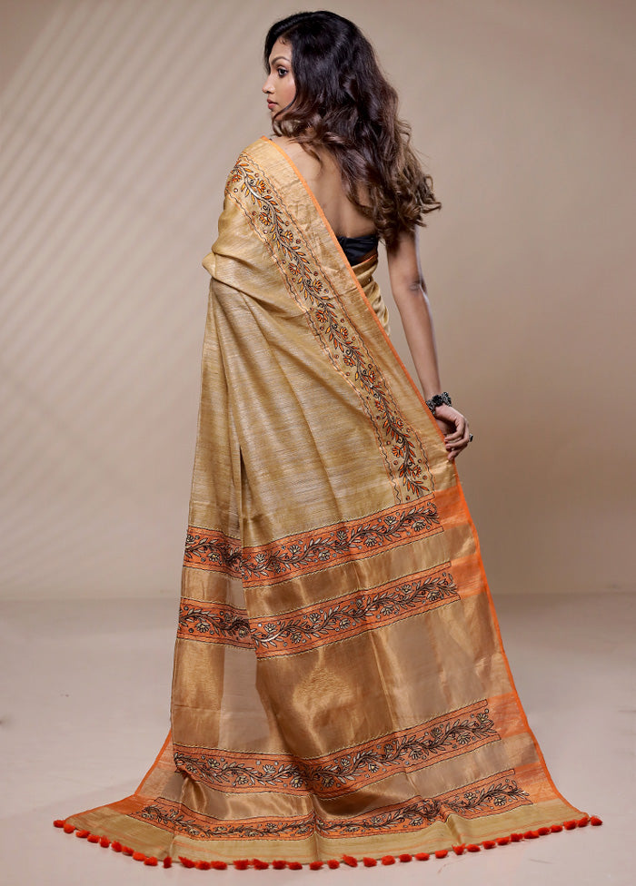 Cream Matka Pure Silk Saree Without Blouse Piece - Indian Silk House Agencies